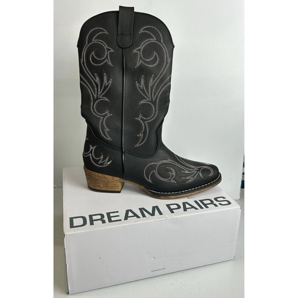 Women 8 Square-toe Mid-Calf Cowgirl Boots Embroidered Western Black- Dream Paris - Picture 9 of 14